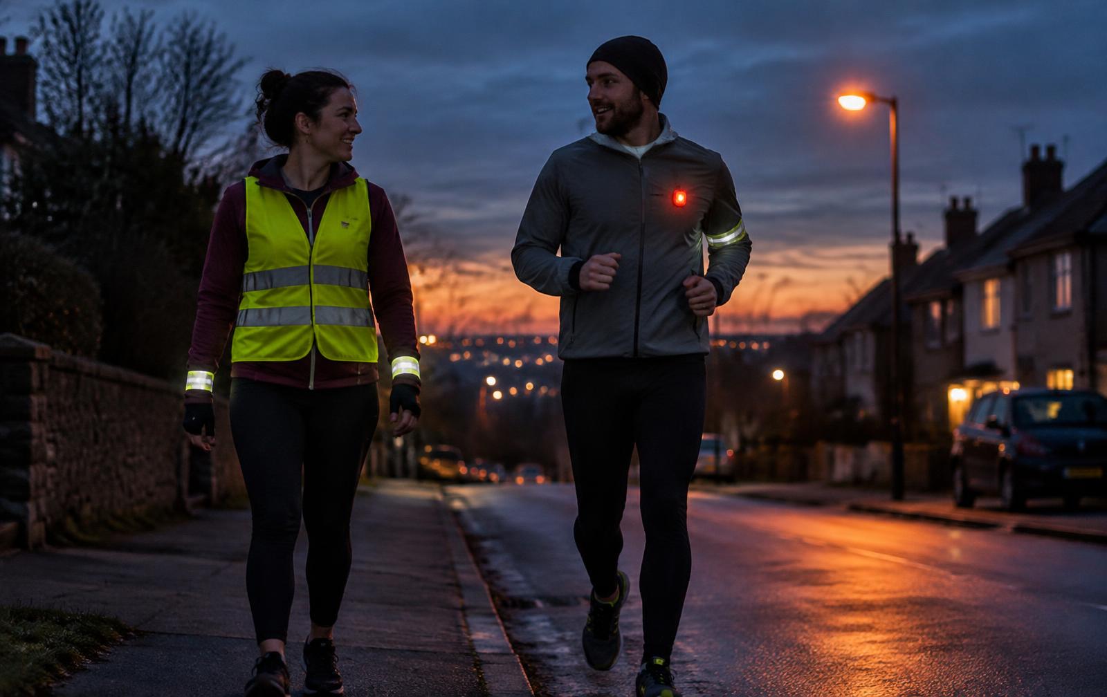 A runner's reflective gear glowing in dusk light